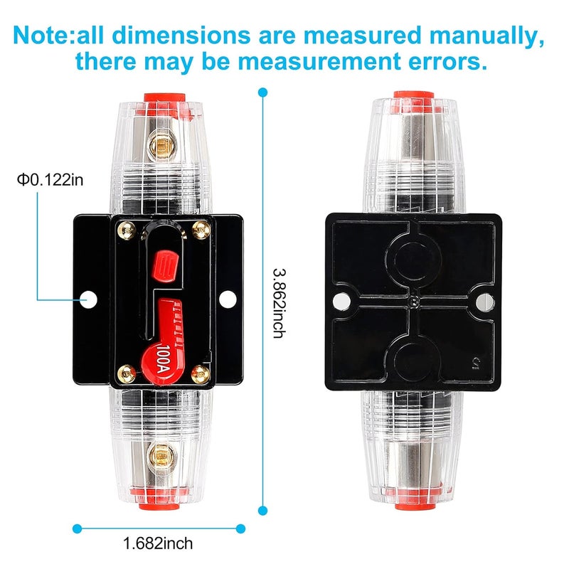NOWEIERTON 100 Amp Audio Circuit Breaker,,12V-48V DC Fuse Holder,20-300A Breaker Switch,Inline Circuit Breaker with Reset Button,for Automotive Marine Boat Audio System Current Overload Protection - Image 2